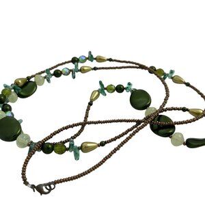 Boho Beaded Necklace Green Blue Acrylic Mixed Shapes Bronze Tone Seed Beads 46"